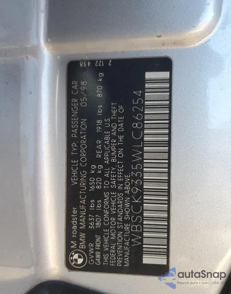 1998 BMW M Roadster из США, поврежденный, VIN WBSCK9335WLC86254